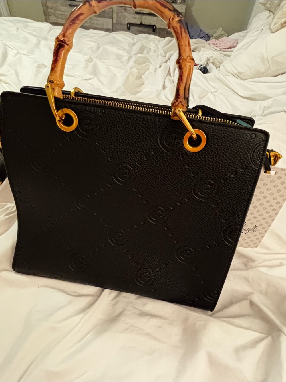 Designer-Style Black Tote with Bamboo Handles